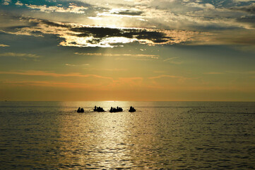 Wall Mural - sunset at the adriatic sea with small sailing boats, Rovinj, Croatia