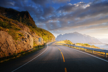 Wall Mural - road by the sea in sunrise time, lofoten island, norway