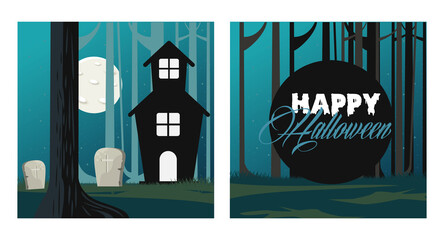 Wall Mural - happy halloween celebration card with haunted house in cemetery