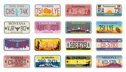 Car plates. Vehicle license numbers of different USA states and countries, truck registration numbers. Road transport metal signs of Texas, New Mexico, Oregon, Ohio and Dakota american states