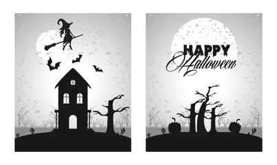 Canvas Print - happy halloween celebration card with witch flying and haunted castle scenes