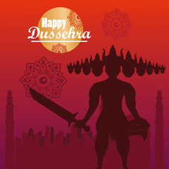 Poster - happy dussehra celebration card with ravana shadow and lettering