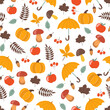 Cute vector seamless pattern. Autumn seamless pattern with red and yellow oak leaves, acorns, apples, pumpkin, mushrooms, berries. Wrapping paper or fabric.