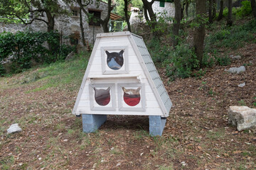 Wooden cat shelter for stray homeless animals in the city of Vrsar, Croatia