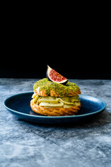 Paris Brest / Breast Eclair with Pistachio Cream and Fig.