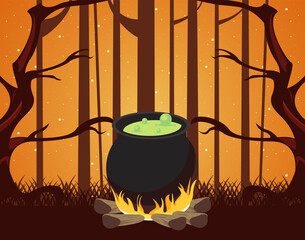 Wall Mural - happy halloween celebration card with cauldron in the forest