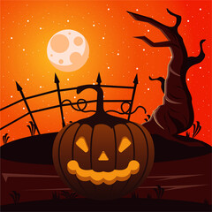 Poster - happy halloween celebration card with pumpkin and moon scene