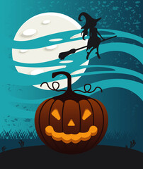 Sticker - happy halloween celebration card with pumpkin and witch flying