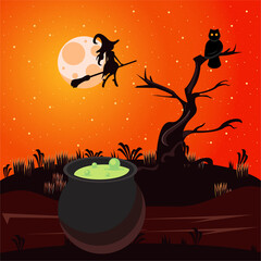 Wall Mural - happy halloween celebration card with cauldron and witch flying