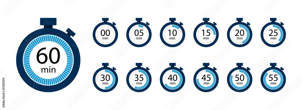 Stopwatch, timer icons set. Speed ​​measurements, countdown from 0 to 60 seconds. Vector illustration - obrazy, fototapety, plakaty 