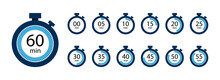 Stopwatch, Timer Icons Set. Speed ​​measurements, Countdown From 0 To 60 Seconds. Vector Illustration