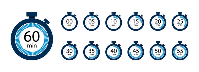stopwatch, timer icons set. speed ​​measurements, countdown from 0 to 60 seconds. vector illustratio
