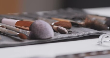 Canvas Print - Tracking shot of professional set of brushes for makeup, beauty industry tools, close up