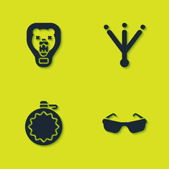 Wall Mural - Set Bear head on shield, Glasses, Canteen water bottle and Bird footprint icon. Vector.