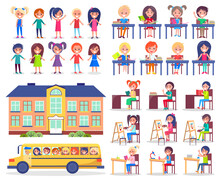 Back To School Concept. Little Children Studying At Classroom. Kids Sit At Their Desks. Funny Kids Ride In A School Bus Peep Out Windows. Children Have Fun In Elementary School Or Kindergarten