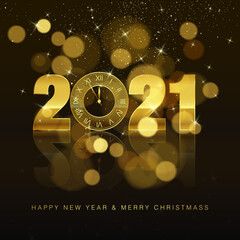 Wall Mural - new year poster with greeting text. golden clock instead of zero in 2021. holiday decoration element