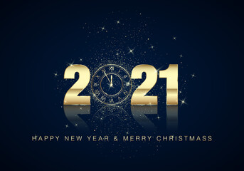 Wall Mural - golden clock dial with numbers 2021 on magic christmas background. new year countdown and chimes. fi