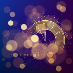 Wall Mural - golden clock dial with roman numbers on magic christmas glitter background with bokeh. new year coun