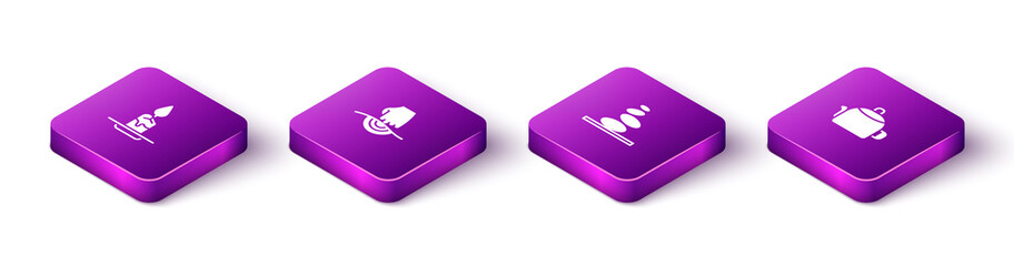 Sticker - Set Isometric Aroma candle, Massage, Stack hot stones and Kettle with handle icon. Vector.