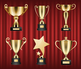 Wall Mural - golden awards in different shapes vector, isolated on red curtain background. winner and victors pri