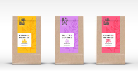 Wall Mural - craft paper bag with fruit and berries tea labels set. abstract vector packaging design layout with 