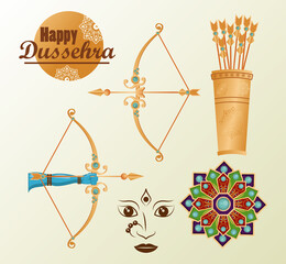 Wall Mural - happy dussehra celebration card with lettering abd set icons