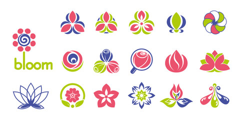 A set of flower symbols. You can use it as a template for your logo. Vector image on a white background.