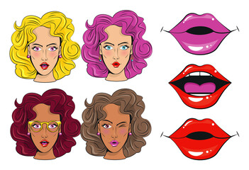 Poster - group of beautiful girls characters and sexi mouths pop art style poster