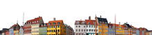 Colorful Houses At Nyhavn Waterfront (Copenhagen, Denmark) Isolated On White Background