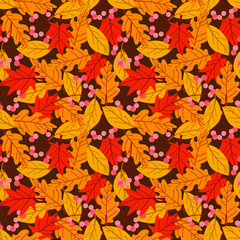 Wall Mural - Seamless pattern with acorns and autumn oak leaves in Orange, Beige, Brown and Yellow. Perfect for wallpaper, gift paper. autumn greeting cards.