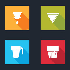 Sticker - Set V60 coffee maker, Coffee paper filter, cup and Glass with water icon. Vector.