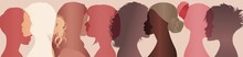 Communication Group Of Multiethnic Diversity Women And Girls Face Silhouette Profile. Female Social Network Community Of Diverse Culture. Talk And Share Information. Friendship. Speak