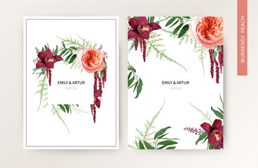 Wall Mural - Wedding invite card, tropical invitation vector design. Pale peach roses, burgundy red orchid, amaranth flowers, wild greenery forest asparagus fern leaves & herbs watercolor illustration. Elegant set