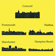 Wall Mural - Set of 5 city silhouette in New Hampshire ( Concord, Nashua, Manchester, Hampton Beach, Portsmouth )