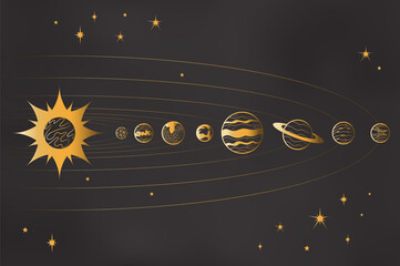 Wall Mural - Planets Of Solar System Standing In Line Vector Outline Illustration With Golden Gradient. Solar System Panoram And Stars Isolated On Black Background. Astronomy Or Astrology Concept For Icon, Logo