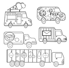 Wall Mural - Funny coloring kids transport set. Delivery trucks cartoon black and white vector illustration isolated on white background