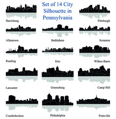 Set of 14 city silhouette in Pennsylvania (Philadelphia, Bethlehem, Harrisburg, Pittsburg, Erie, Lancaster, Reading, Allentown, Scranton, Pottsville, Greensburg, Camp Hill, Wilkes-Barre, Conshohocken)