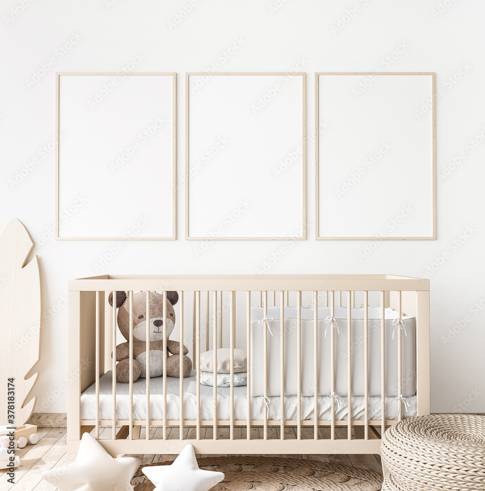 Poster frame mock up in child bedroom, Scandinavian unisex nursery design, 3d render - obrazy, fototapety, plakaty 
