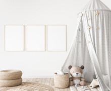 Three Vertical Frames In Children Room Mock Up, Kids Room Design In Farmhouse Style, 3d Render