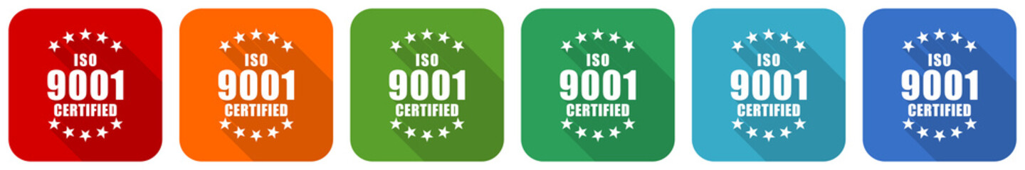 Aufkleber - Iso 9001 icon set, flat design vector illustration in 6 colors options for webdesign and mobile applications