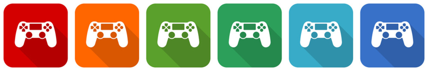 Poster - Wireless gaming controller, gamepad icon set, flat design vector illustration in 6 colors options for webdesign and mobile applications