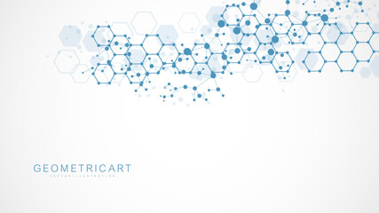 Science network pattern, connecting lines and dots. Technology hexagons structure or molecular connect elements.