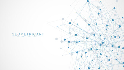 Geometric abstract background with connected line and dots. Structure molecule and communication. Big Data Visualization. Medical, technology, science background. Vector illustration.