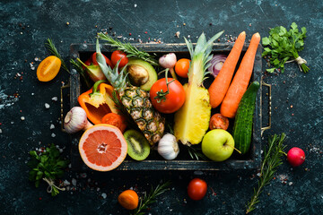 Wall Mural - Fresh vegetables and fruits in wooden box. Organic food.