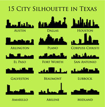 Set Of 15 City Silhouette In Texas ( Houston, Austin, Dallas, Fort Worth, Amarillo, Lubbock, El Paso, Arlington, San Antonio, Galveston, Plano, Beaumont, Abilene, Corpus Christi, Midland )