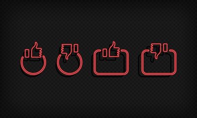 Poster - Like and dislike neon icon. Thumb up and down with square and circle. Social neywork concept. Vector on isolated black background. EPS 10