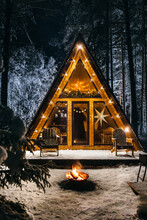 Cozy A-frame House At Night