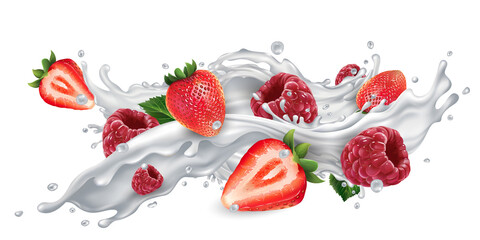 Strawberries and raspberries in a milk or yogurt splash.