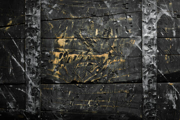 Wall Mural - Old kitchen wooden board. Black stone background. Top view. Rustic style.