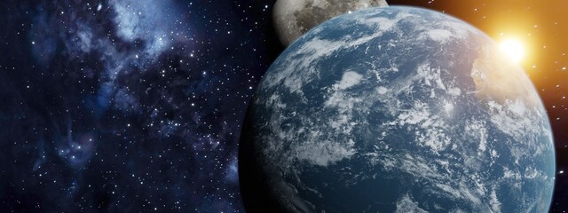 Wall Mural - 3d rendering of earth with moon gazing over the top and sunlight. elements of this image furnished b